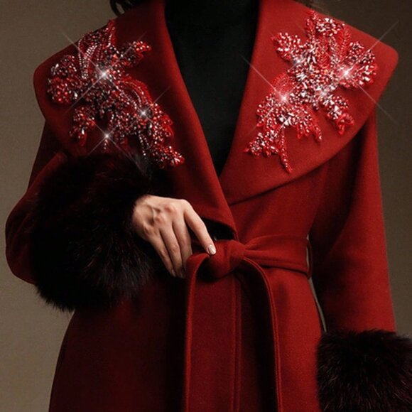 Burgundy Elegant Women's Embroidered Long Coat - Picture 3 of 8